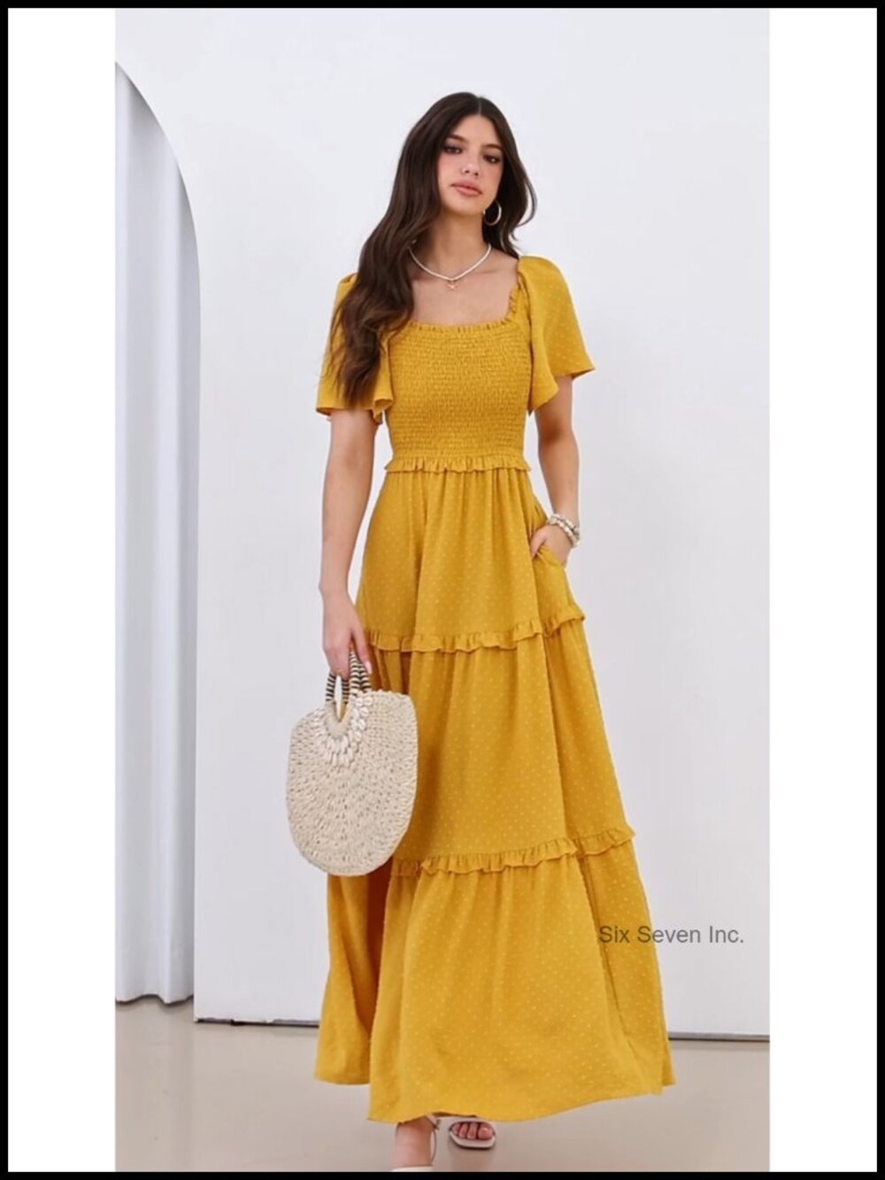 Women's Boho Maxi Dress Swiss Dot Smocked Square Neck Flowy Summer Dress - Picture 6 of 6